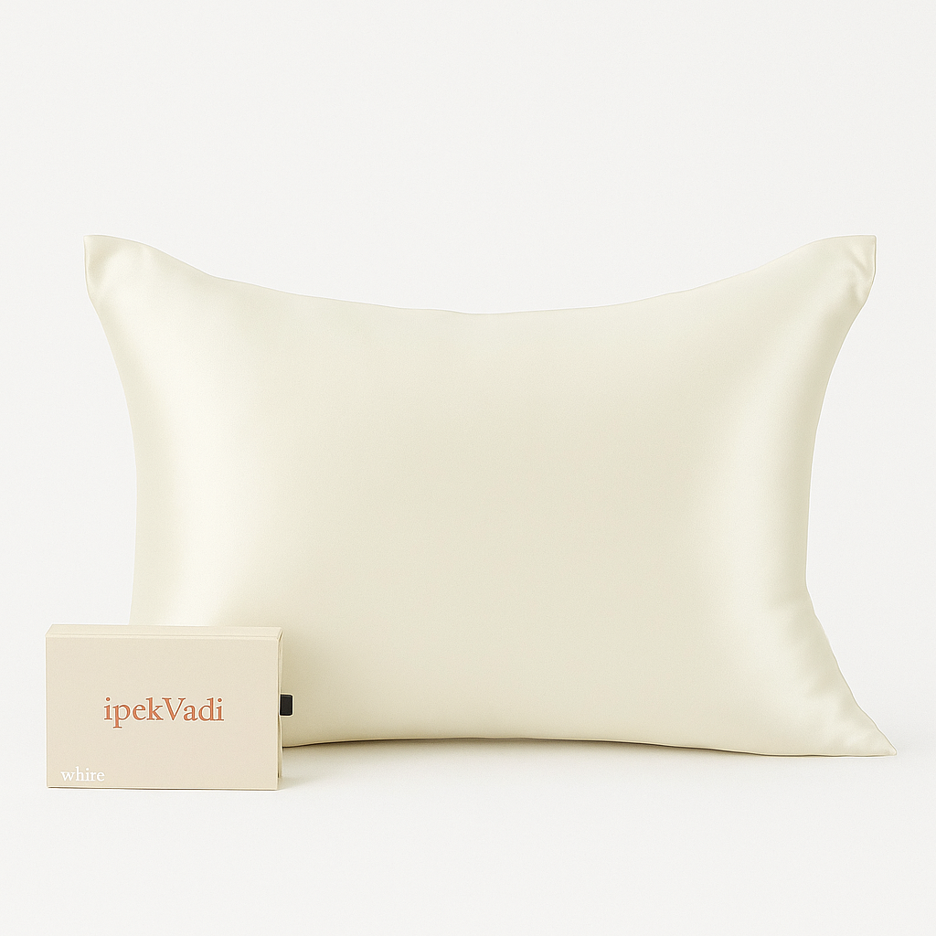 ipek yastık kılıfı yatay inci beyazı ve kutusu